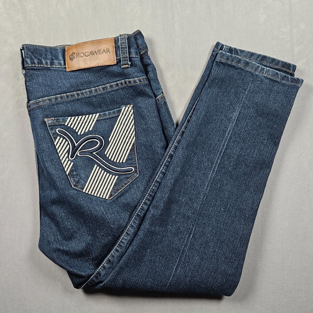 Rocawear Jeans Mens 38x28 Slim Fit Dark Wash Embroidered Pocket Streetwear Logo - Picture 1 of 12